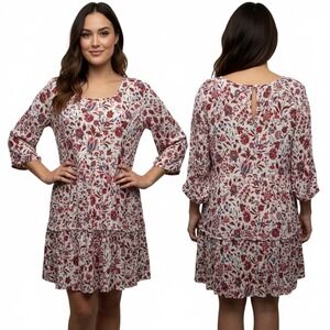 Dear John Large Tiered Dress Multicolor Floral Ruffle Keyhole Boho‎ Flowy Casual